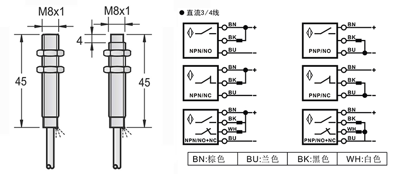 M8-45mm圓柱標準型接近開關(guān)出線式